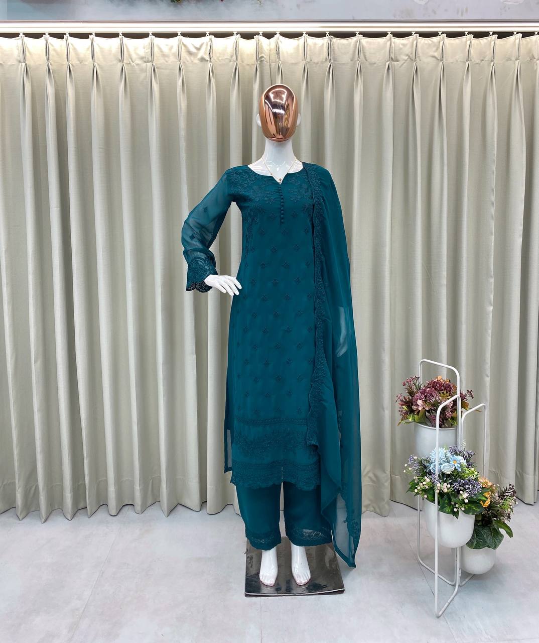 DESIGNER PUMPUM NECK EMBROIDERED SUIT SET