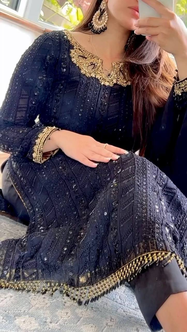 ELEGANT FOUX GORGETTE TOP & PENT SET WITH DUPATTA