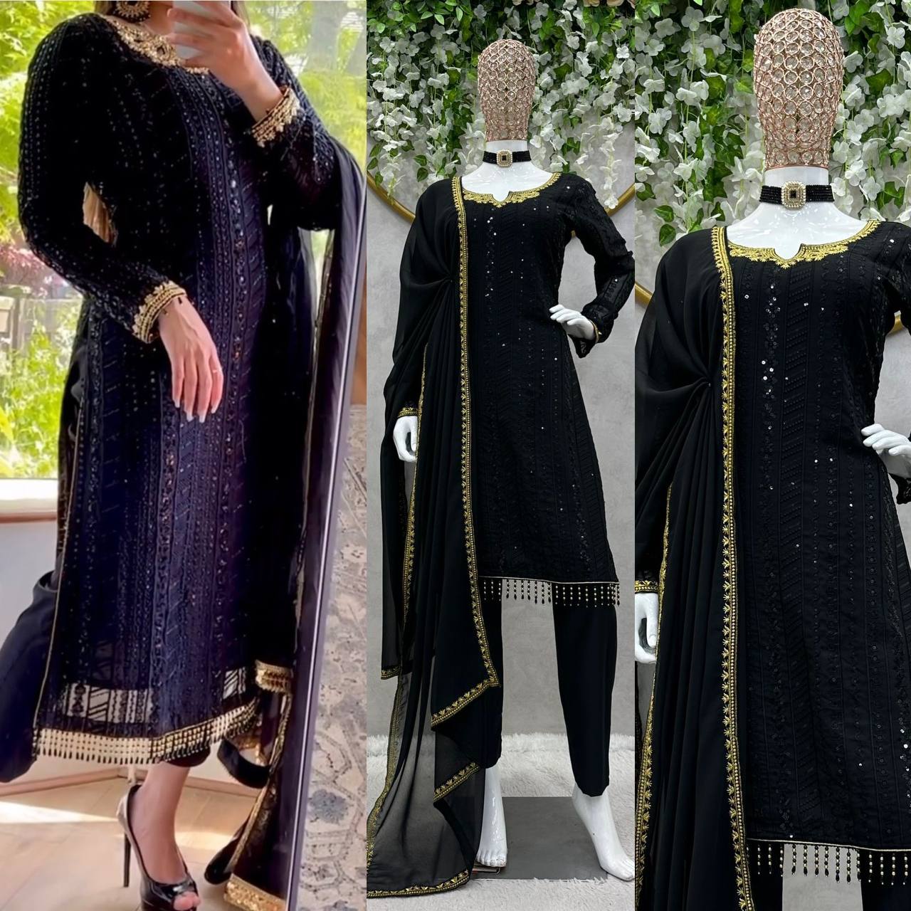 ELEGANT FOUX GORGETTE TOP & PENT SET WITH DUPATTA