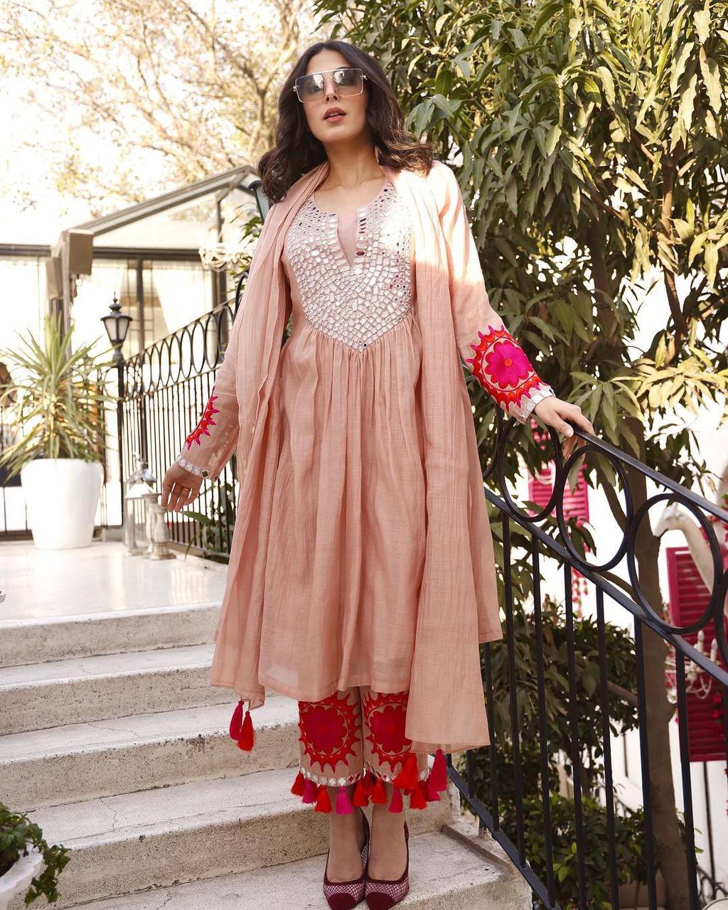 DESIGNER FAUX GEORGETTE TOP, PANTS & DUPATTA SET WITH REAL MIRROR WORK & FANCY LATKAN
