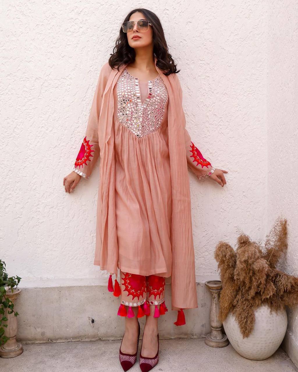 DESIGNER FAUX GEORGETTE TOP, PANTS & DUPATTA SET WITH REAL MIRROR WORK & FANCY LATKAN