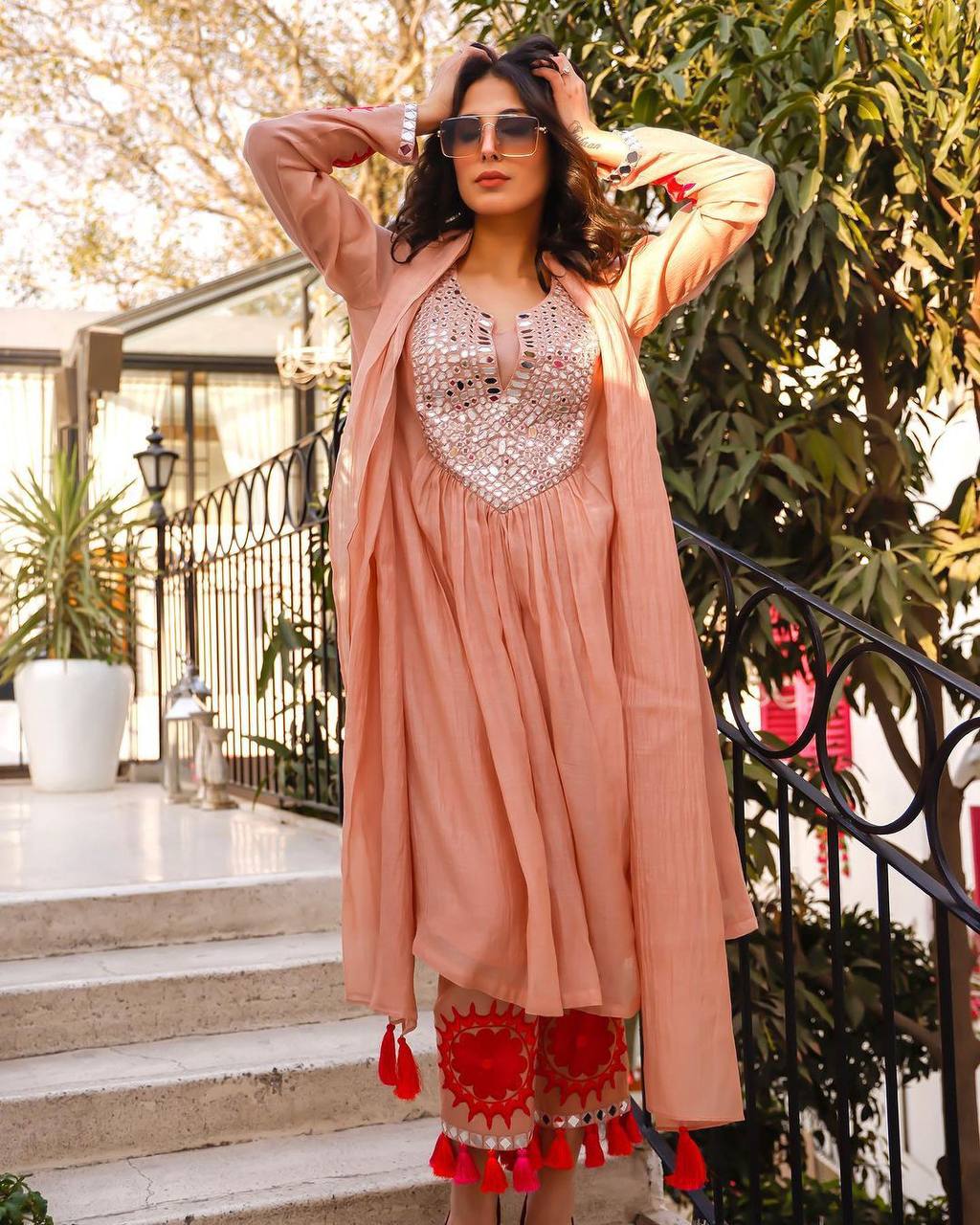 DESIGNER FAUX GEORGETTE TOP, PANTS & DUPATTA SET WITH REAL MIRROR WORK & FANCY LATKAN