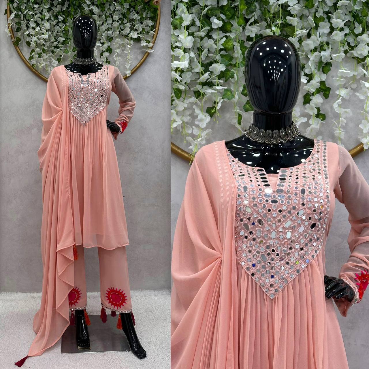 DESIGNER FAUX GEORGETTE TOP, PANTS & DUPATTA SET WITH REAL MIRROR WORK & FANCY LATKAN