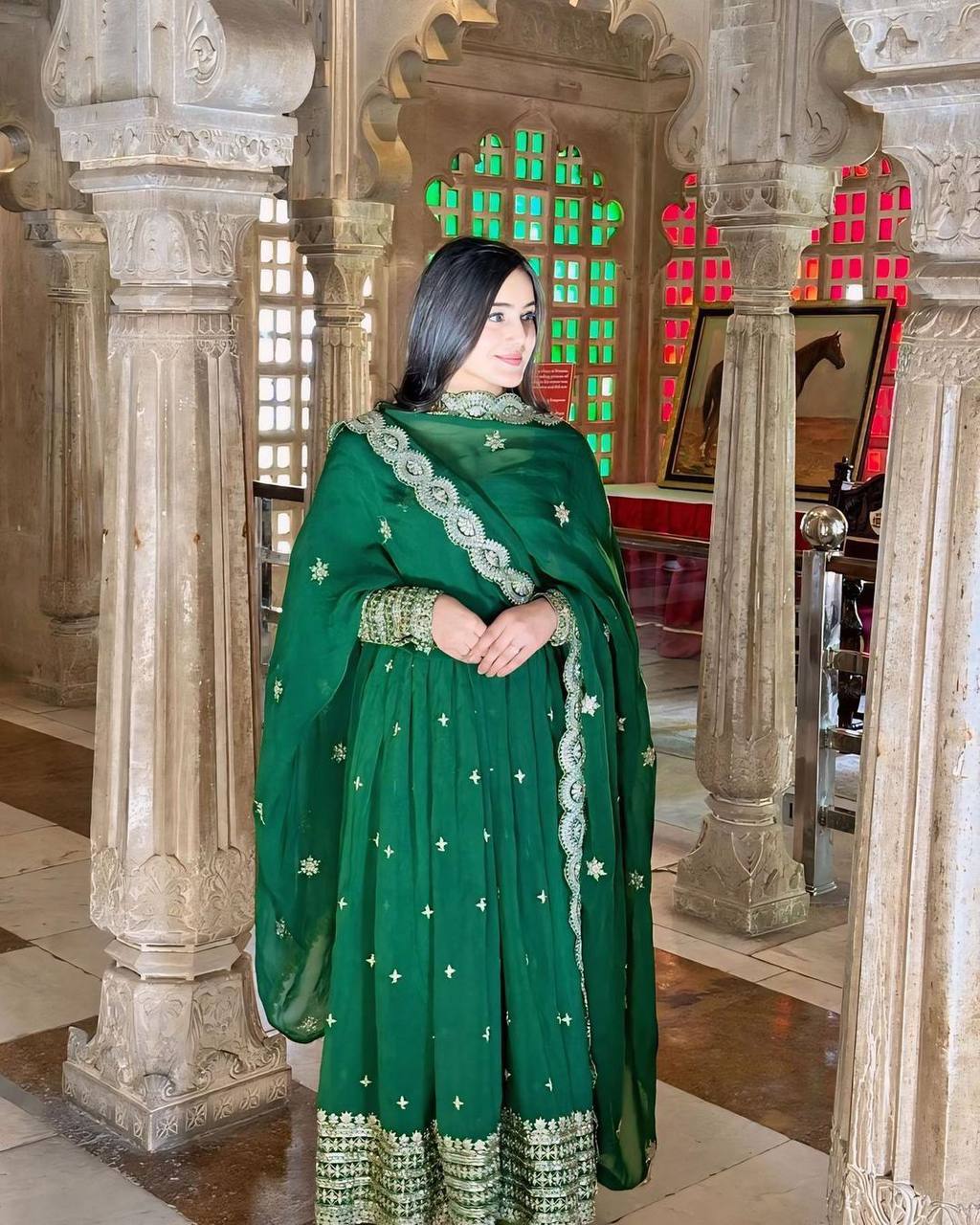 DESIGNER FAUX GEORGETTE TOP, MICRO PANTS & DUPATTA SET WITH SEQUIN THREAD WORK & DORI LATKAN