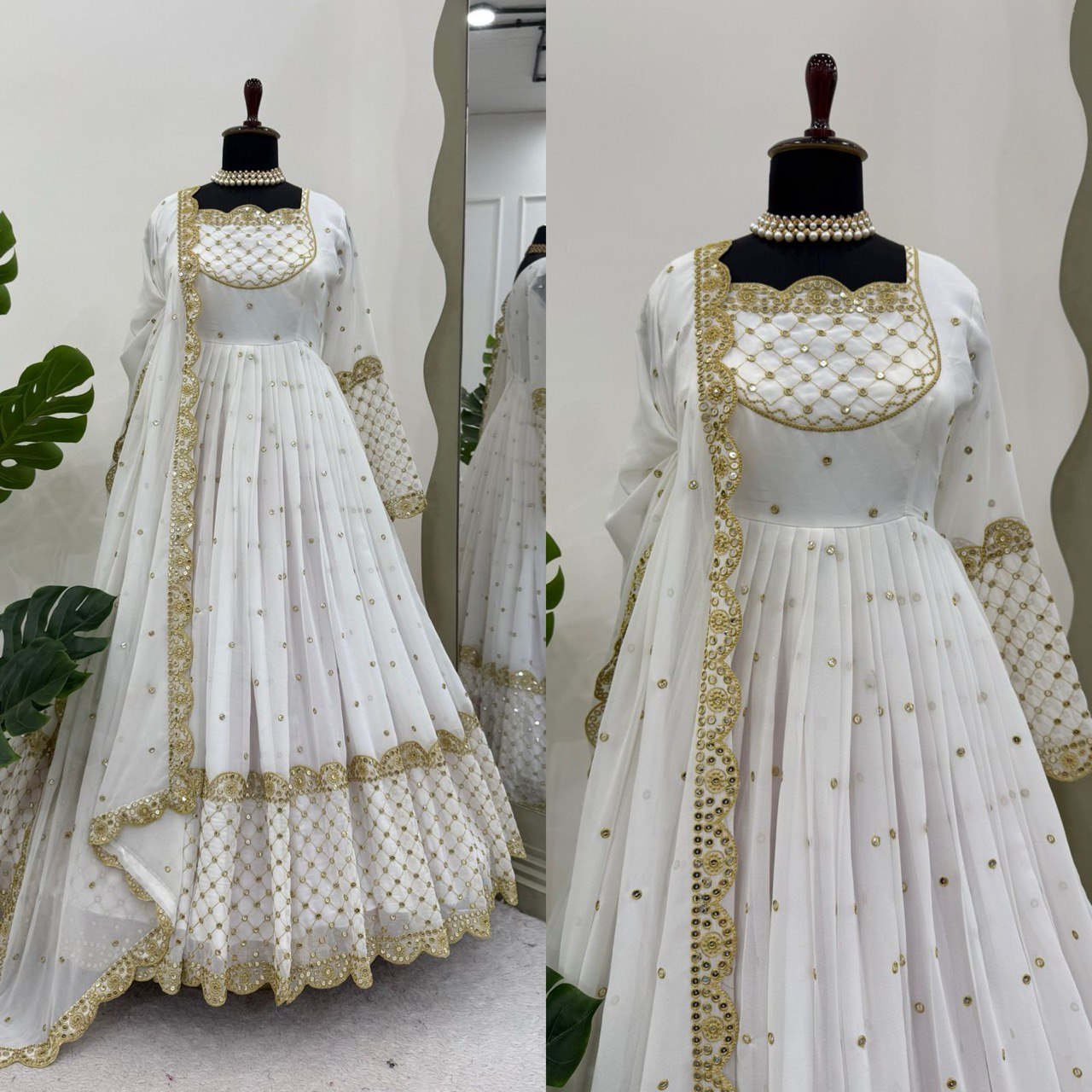 LUXURIOUS DESIGNER GOWN IN FAUX GEORGETTE WITH THREAD & 9MM SEQUENCE WORK