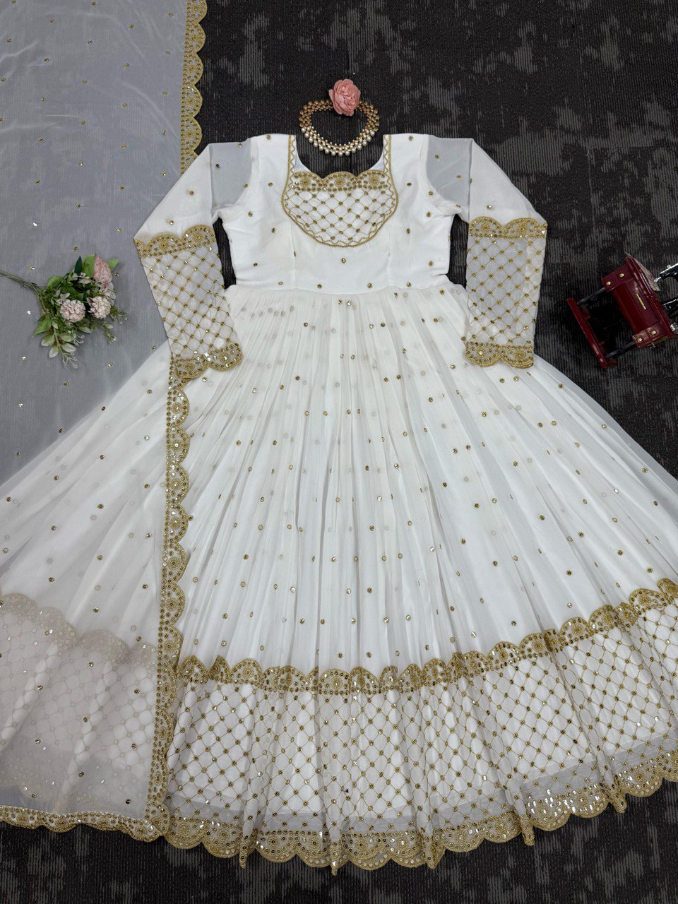 LUXURIOUS DESIGNER GOWN IN FAUX GEORGETTE WITH THREAD & 9MM SEQUENCE WORK