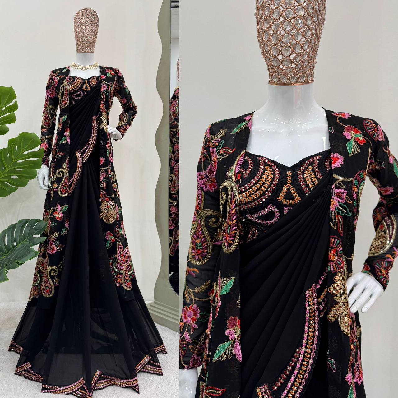 EXQUISITE DESIGNER SAREE WITH SHRUG & BLOUSE IN FAUX GEORGETTE