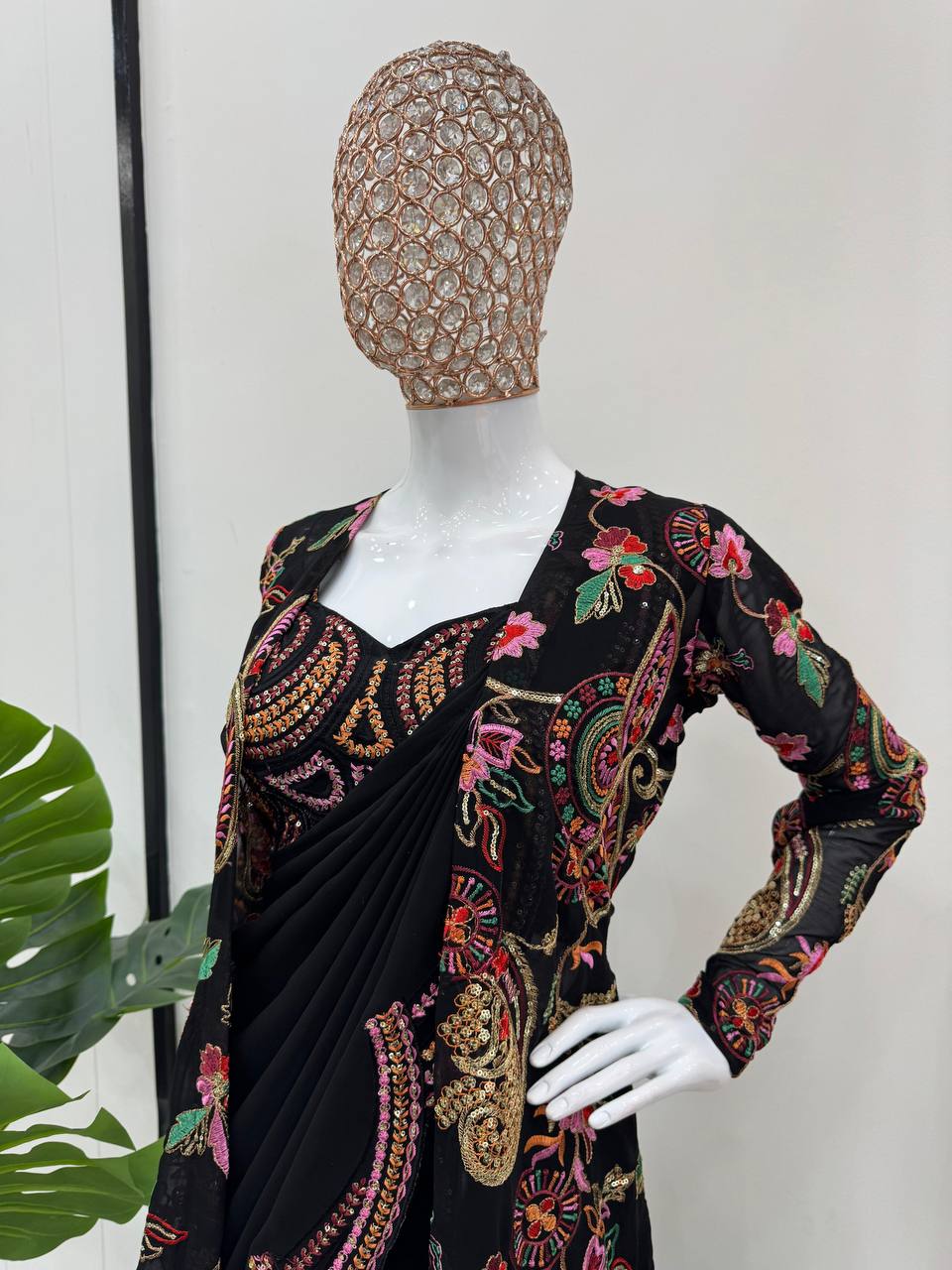EXQUISITE DESIGNER SAREE WITH SHRUG & BLOUSE IN FAUX GEORGETTE