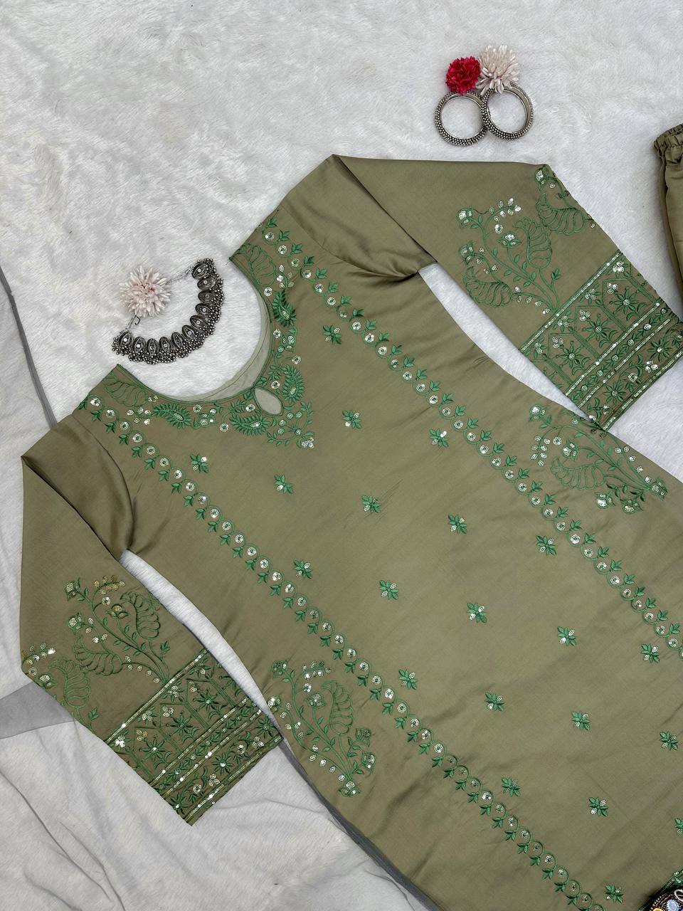 ELEGANT DESIGNER MUSLIN COTTON SUIT WITH THREAD & SEQUENCE WORK – PAIRED WITH ORGANZA SILK DUPATTA