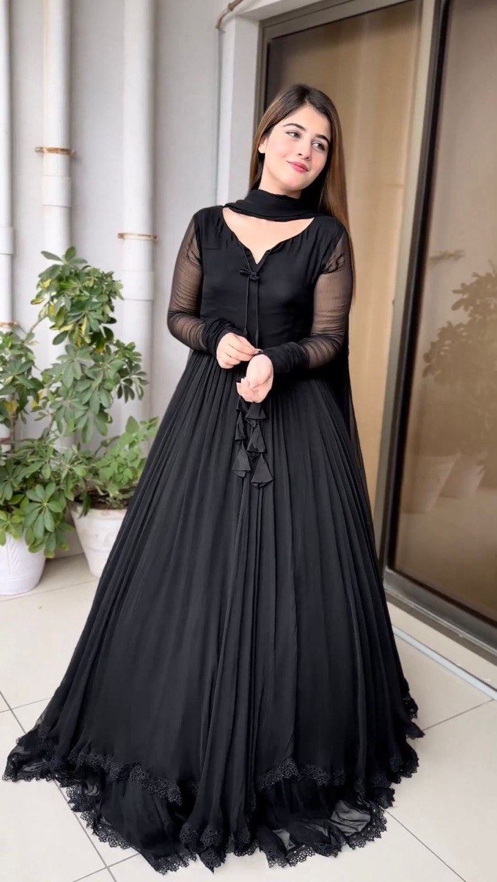 ELEGANT DESIGNER GOWN IN FAUX GEORGETTE WITH LACE WORK & TASSELS – A PERFECT BLEND OF GRACE & STYLE