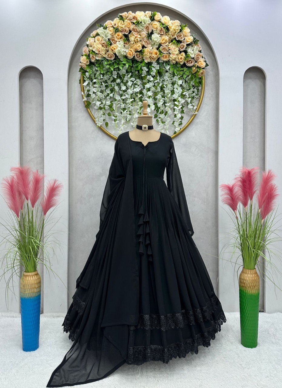 ELEGANT DESIGNER GOWN IN FAUX GEORGETTE WITH LACE WORK & TASSELS – A PERFECT BLEND OF GRACE & STYLE