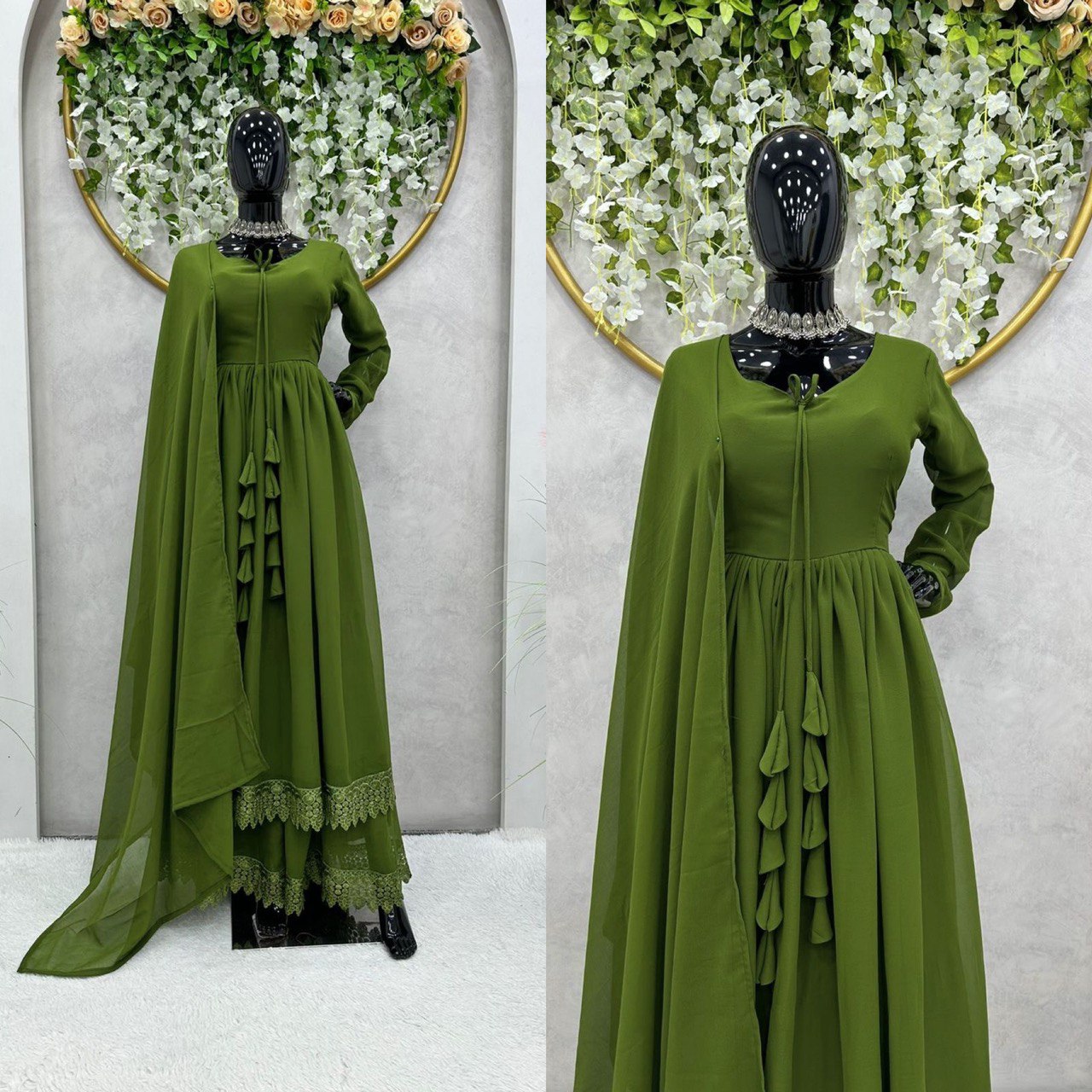 ELEGANT DESIGNER GOWN IN FAUX GEORGETTE WITH LACE WORK & TASSELS – A PERFECT BLEND OF GRACE & STYLE