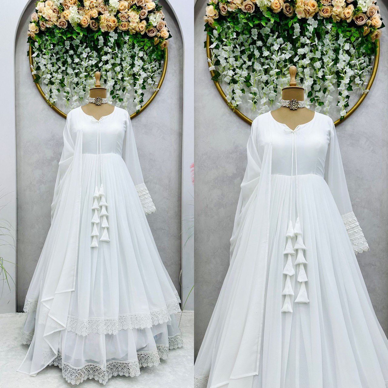 ELEGANT DESIGNER GOWN IN FAUX GEORGETTE WITH LACE WORK & TASSELS – A PERFECT BLEND OF GRACE & STYLE