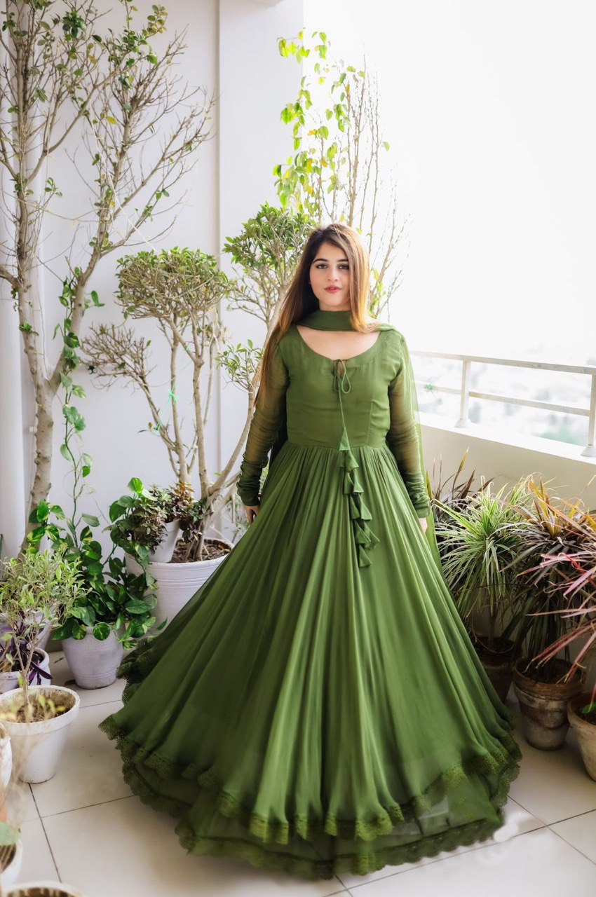 ELEGANT DESIGNER GOWN IN FAUX GEORGETTE WITH LACE WORK & TASSELS – A PERFECT BLEND OF GRACE & STYLE