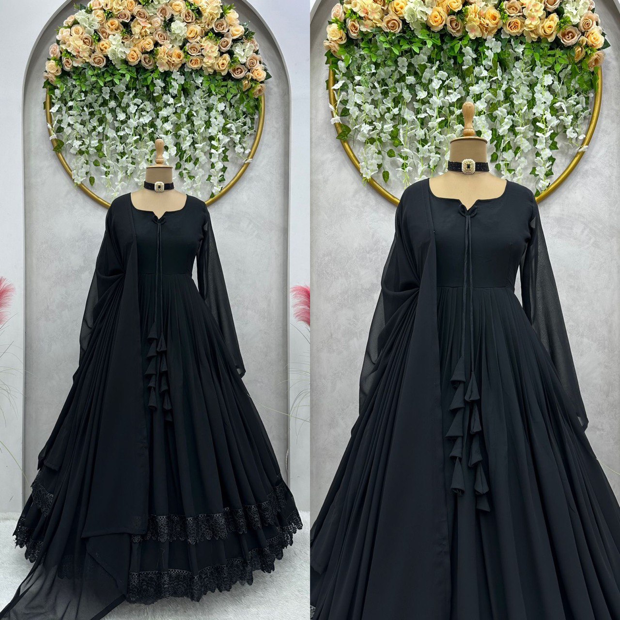ELEGANT DESIGNER GOWN IN FAUX GEORGETTE WITH LACE WORK & TASSELS – A PERFECT BLEND OF GRACE & STYLE