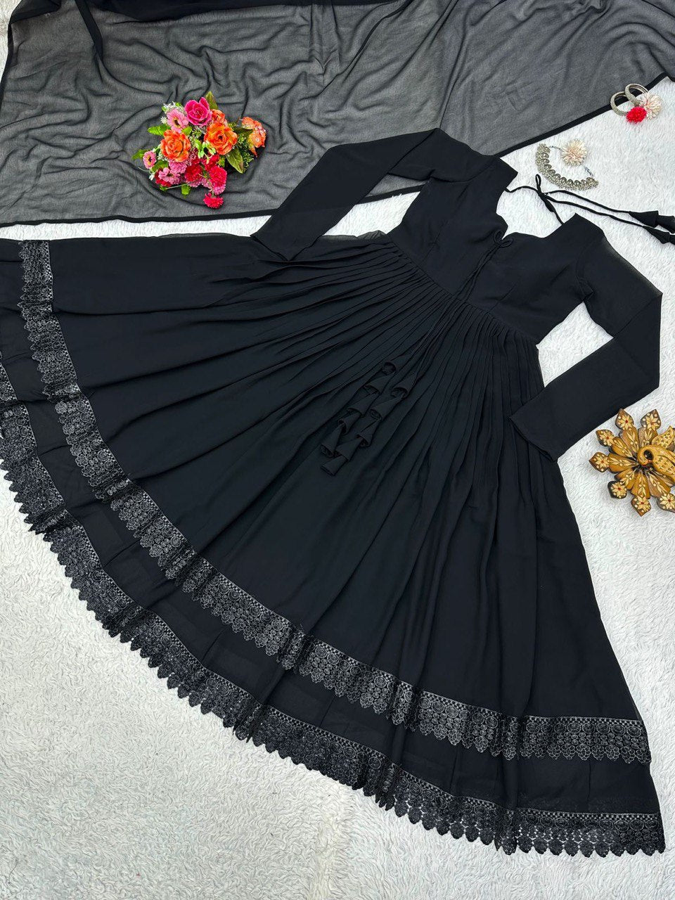 ELEGANT DESIGNER GOWN IN FAUX GEORGETTE WITH LACE WORK & TASSELS – A PERFECT BLEND OF GRACE & STYLE