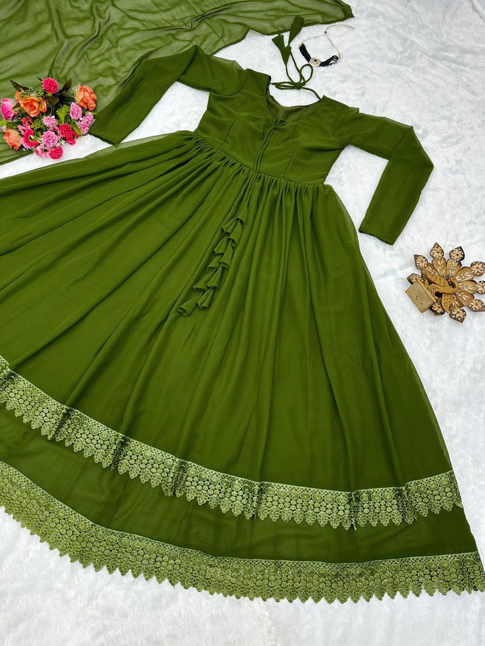 ELEGANT DESIGNER GOWN IN FAUX GEORGETTE WITH LACE WORK & TASSELS – A PERFECT BLEND OF GRACE & STYLE