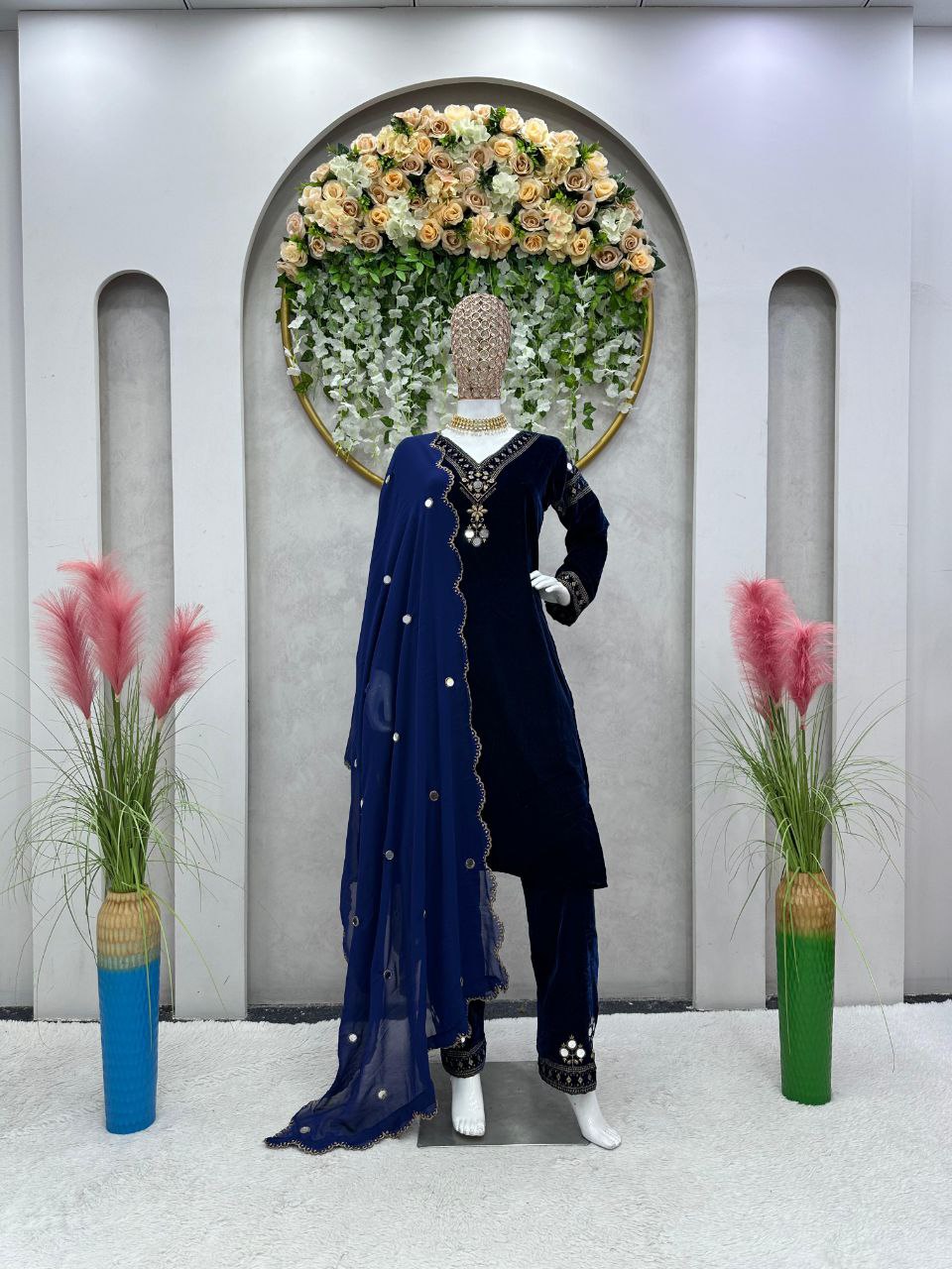 EXQUISITE DESIGNER VELVET SUIT WITH REAL MIRROR & THREAD WORK