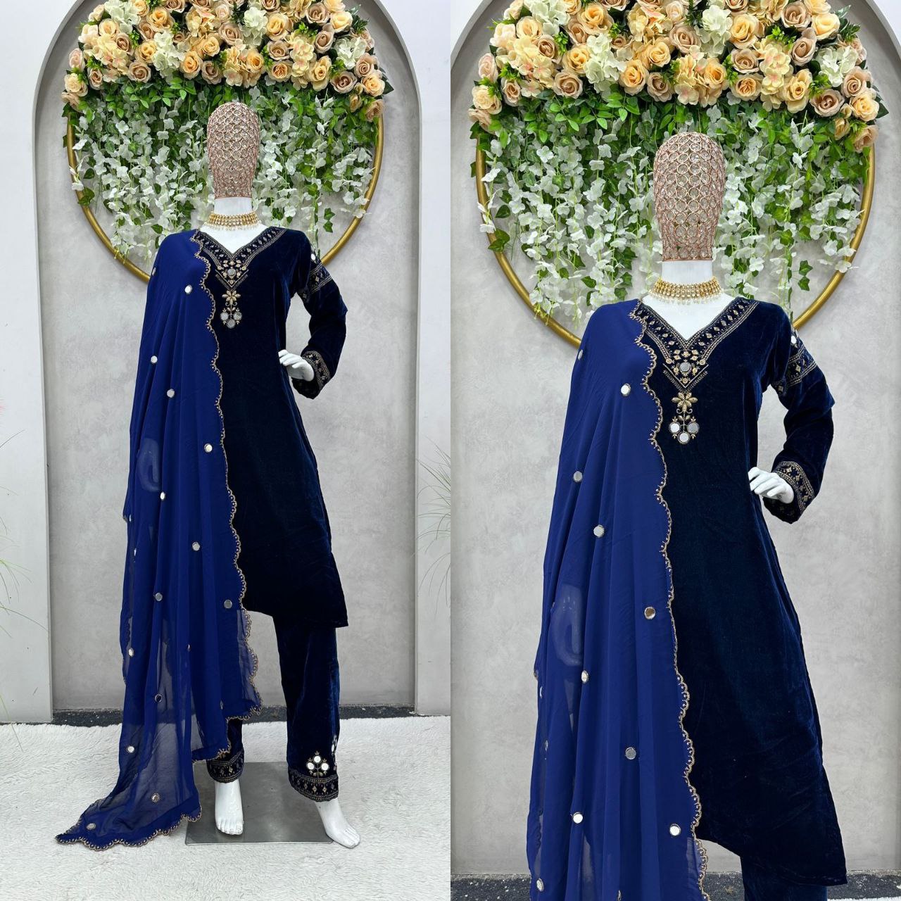 EXQUISITE DESIGNER VELVET SUIT WITH REAL MIRROR & THREAD WORK