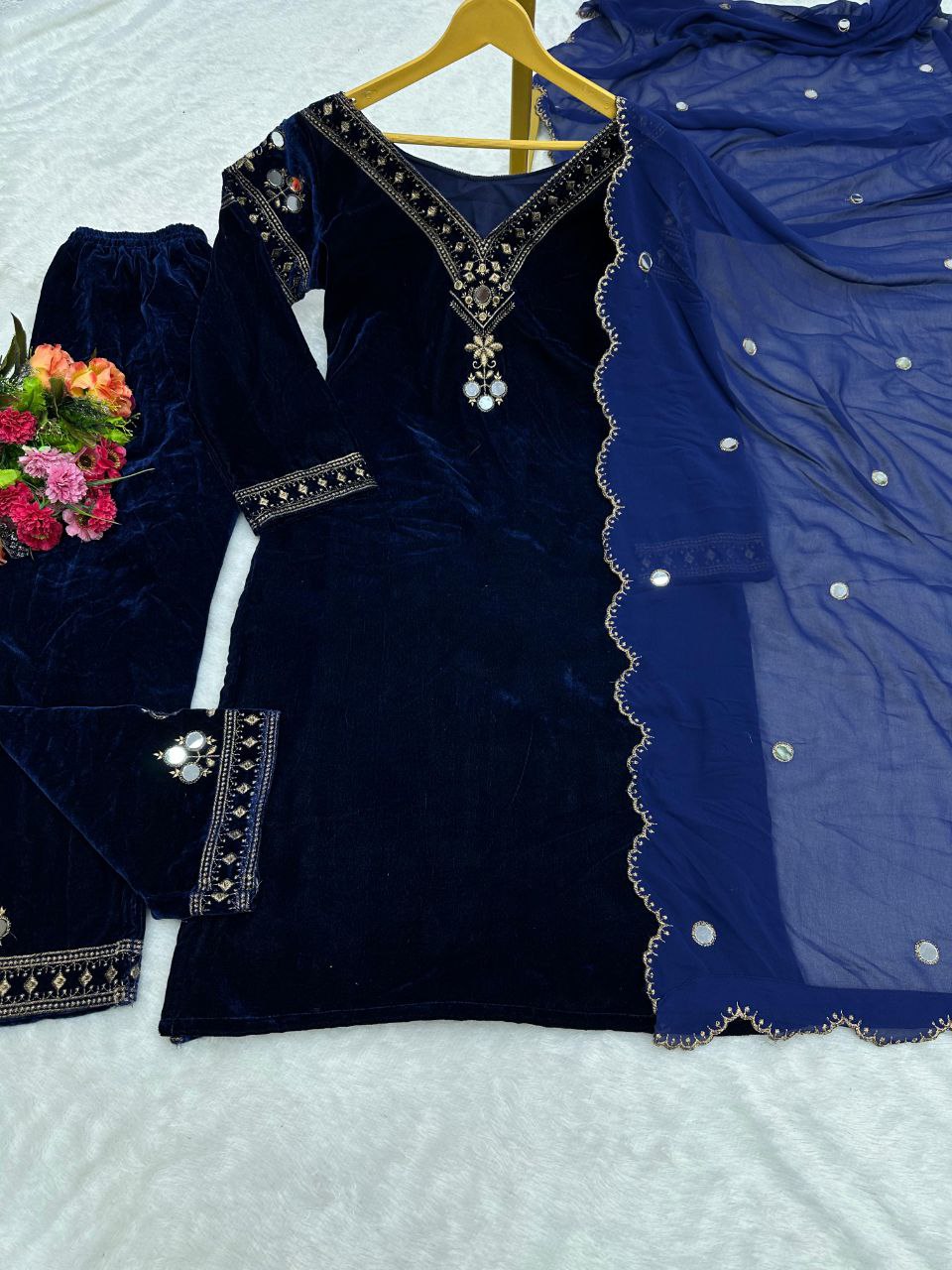 EXQUISITE DESIGNER VELVET SUIT WITH REAL MIRROR & THREAD WORK