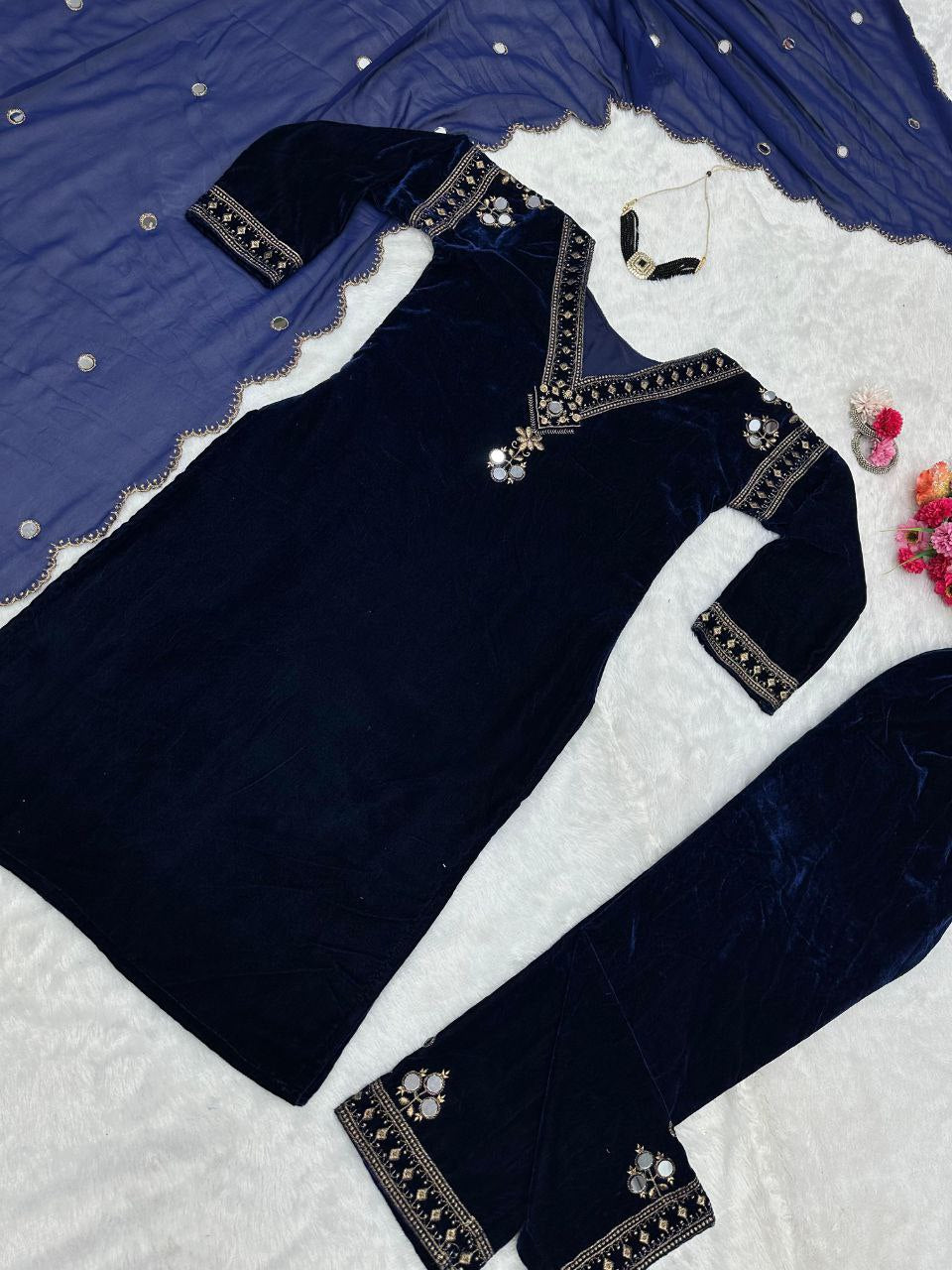 EXQUISITE DESIGNER VELVET SUIT WITH REAL MIRROR & THREAD WORK