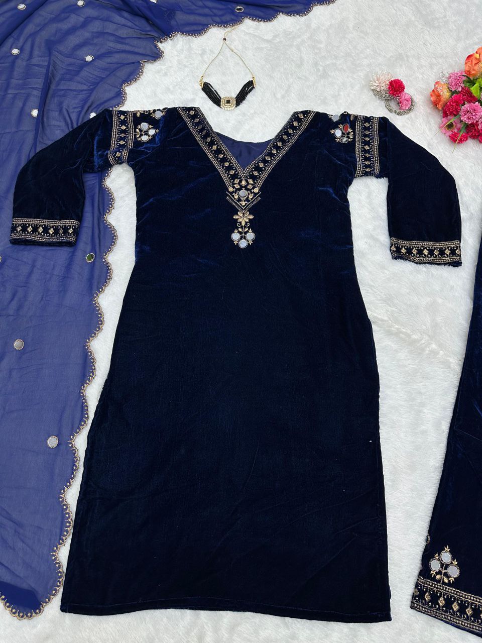 EXQUISITE DESIGNER VELVET SUIT WITH REAL MIRROR & THREAD WORK