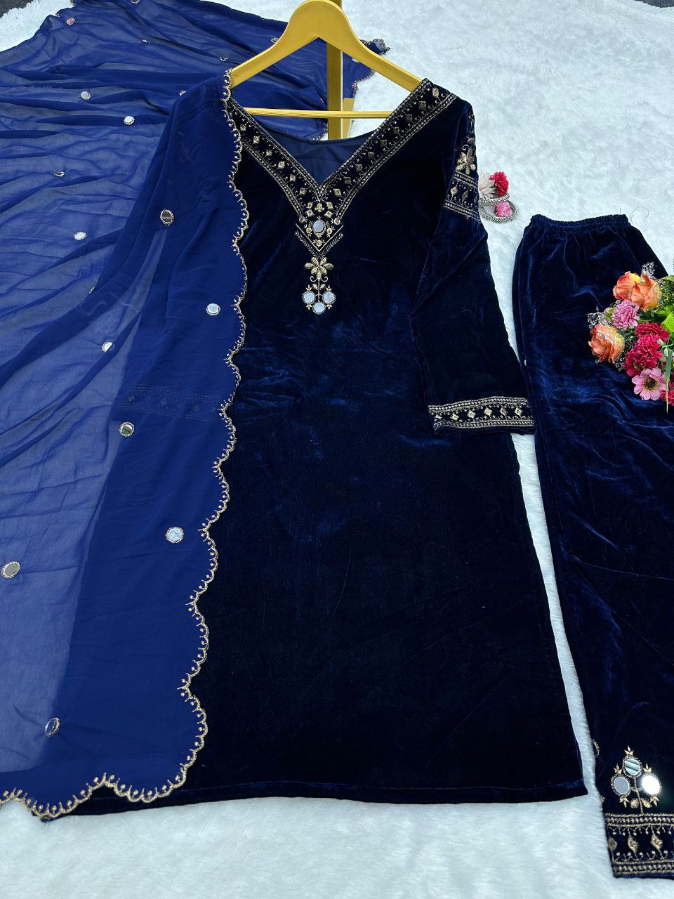 EXQUISITE DESIGNER VELVET SUIT WITH REAL MIRROR & THREAD WORK
