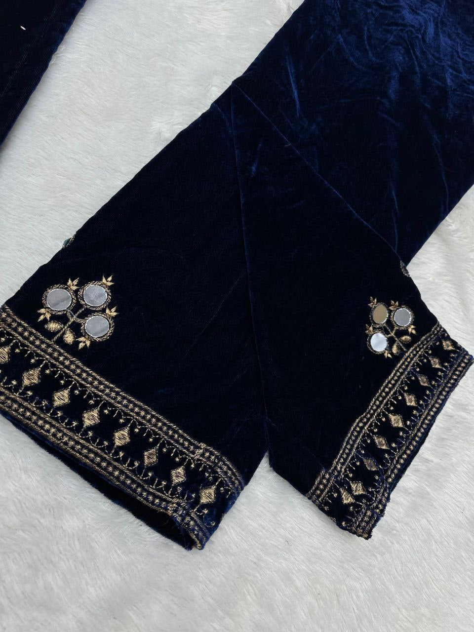 EXQUISITE DESIGNER VELVET SUIT WITH REAL MIRROR & THREAD WORK