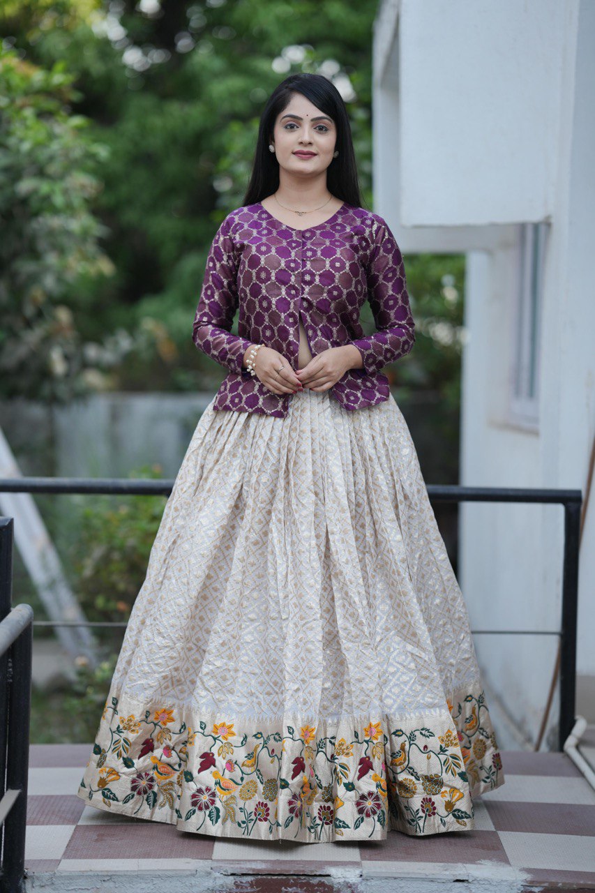 NEW ARRIVAL β DESIGNER PAITHANI SILK CORDSET WITH JACQUARD LEHENGA & ZARI KOTI β FULLY STITCHED