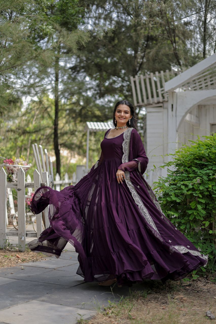 ELEGANT DESIGNER FAUX GEORGETTE GOWN WITH SEQUIN EMBROIDERED DUPATTA