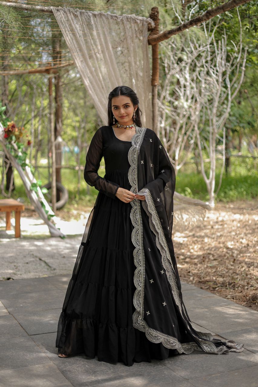 ELEGANT DESIGNER FAUX GEORGETTE GOWN WITH SEQUIN EMBROIDERED DUPATTA