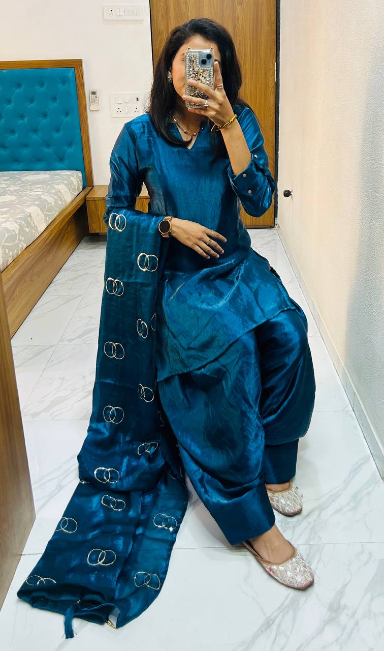 EXCLUSIVE DESIGNER FARSI SALWAR SUIT IN PREMIUM FENDI SILK WITH EMBROIDERED DUPATTA