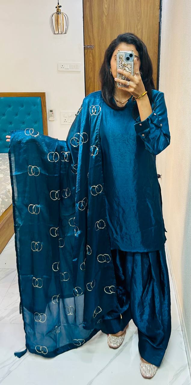 EXCLUSIVE DESIGNER FARSI SALWAR SUIT IN PREMIUM FENDI SILK WITH EMBROIDERED DUPATTA