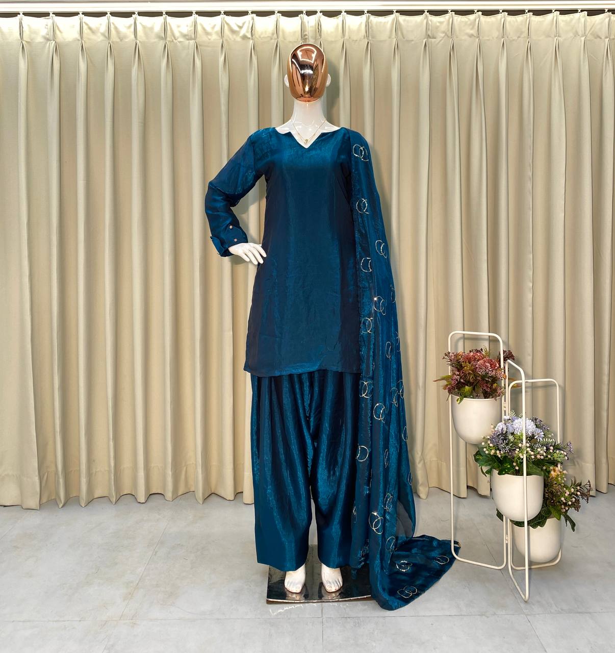 EXCLUSIVE DESIGNER FARSI SALWAR SUIT IN PREMIUM FENDI SILK WITH EMBROIDERED DUPATTA