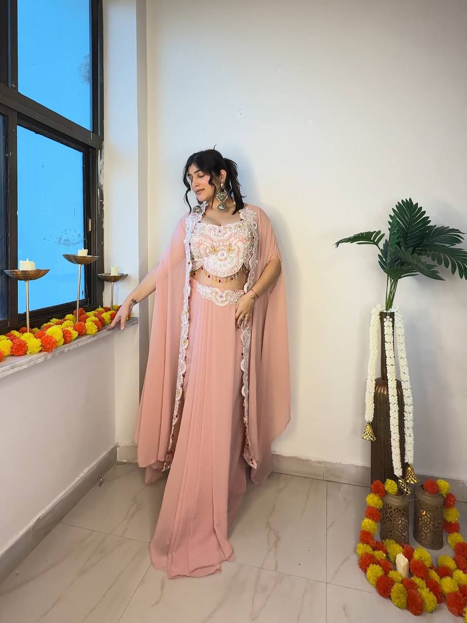 PREMIUM INDO-WESTERN THREE-PIECE DHOTI SET WITH BLOUSE, KOTI & BELT – SEQUINS EMBROIDERED GEORGETTE