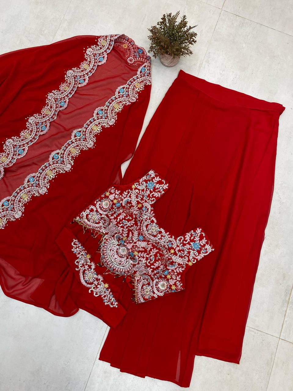 PREMIUM INDO-WESTERN THREE-PIECE DHOTI SET WITH BLOUSE, KOTI & BELT – SEQUINS EMBROIDERED GEORGETTE