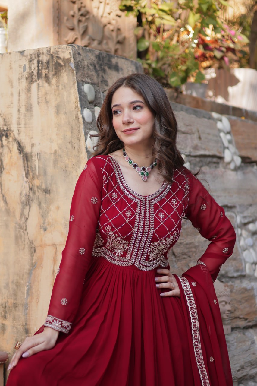 ELEGANT FAUX BLOOMING EMBROIDERED GOWN WITH SEQUINS & BEADS WORK DUPATTA FOR WOMEN