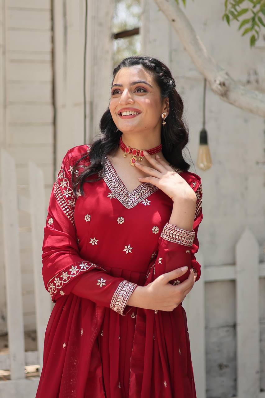ELEGANT DESIGNER ANARKALI GOWN SET WITH SEQUINS EMBROIDERY AND ARCO-CUT DUPATTA