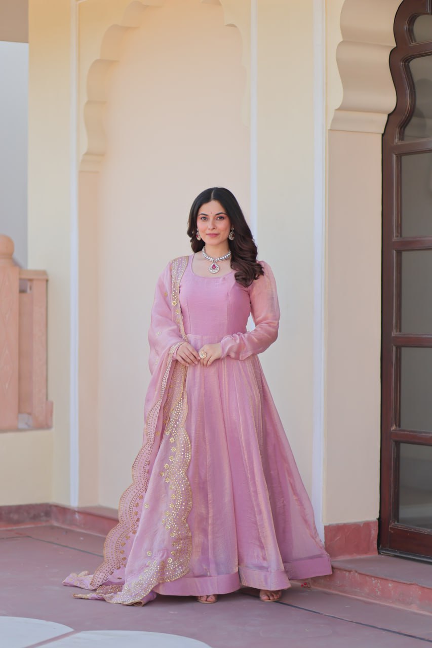 FENDY CHIFFON EMBROIDERED GOWN WITH DUPATTA FOR WOMEN – 12 KALI DESIGN WITH SEQUINS & ZARI WORK