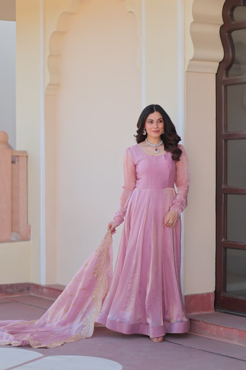 FENDY CHIFFON EMBROIDERED GOWN WITH DUPATTA FOR WOMEN – 12 KALI DESIGN WITH SEQUINS & ZARI WORK