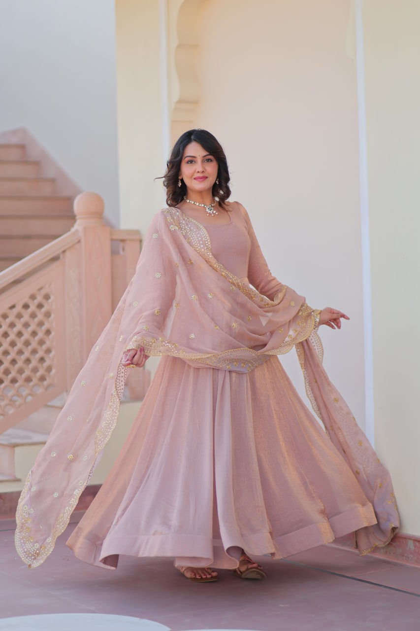 FENDY CHIFFON EMBROIDERED GOWN WITH DUPATTA FOR WOMEN – 12 KALI DESIGN WITH SEQUINS & ZARI WORK