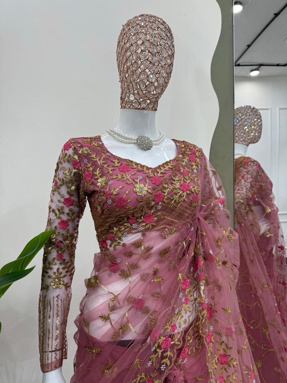 ELEGANT DESIGNER SOFT NET SAREE WITH THREAD & SEQUINS EMBROIDERY WORK | UNSTITCHED BLOUSE