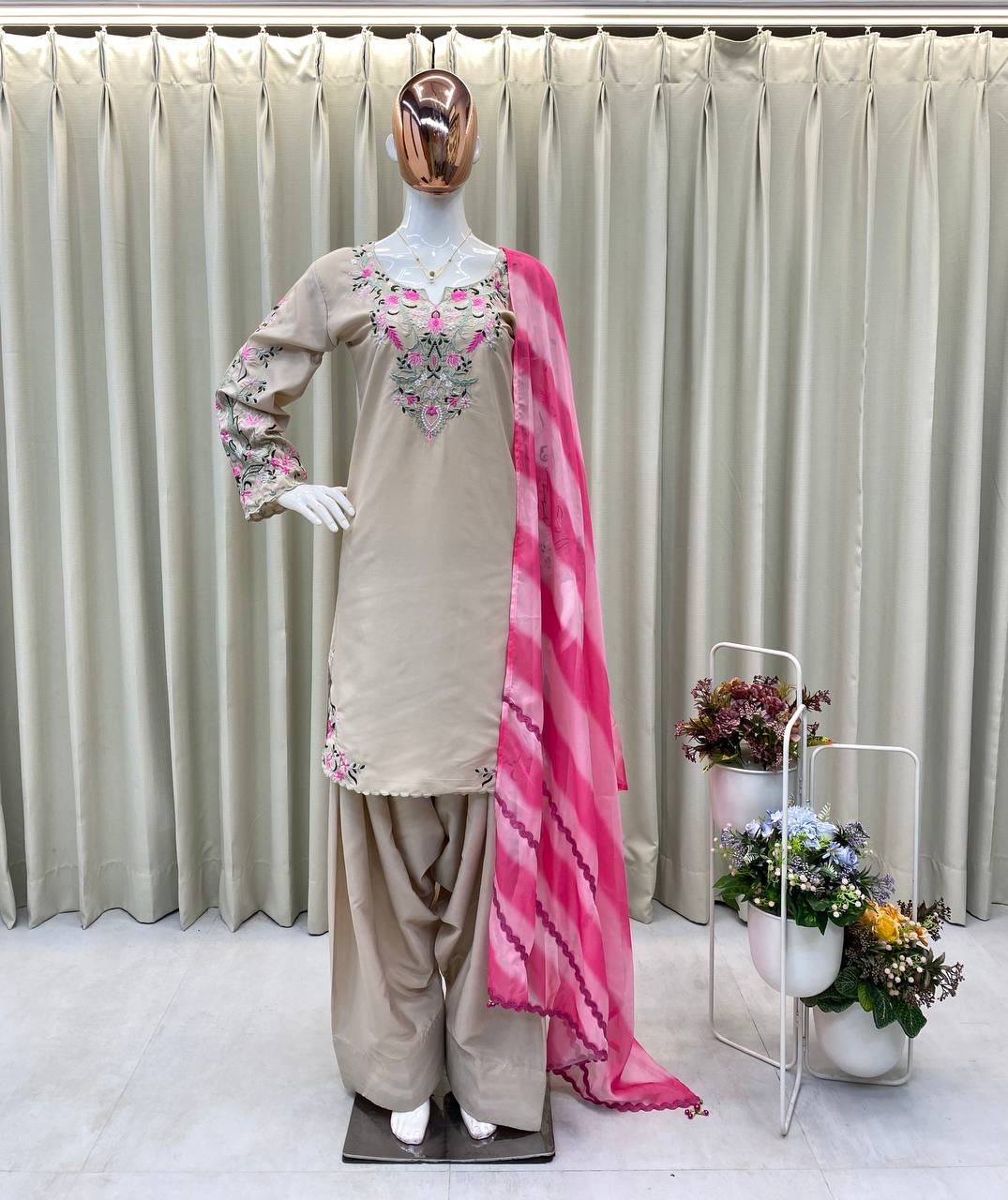 EXCLUSIVE DESIGNER FARSI SALWAR SUIT IN FRENCH CRAPE WITH EMBROIDERY & PRINTED ORGANZA DUPATTA