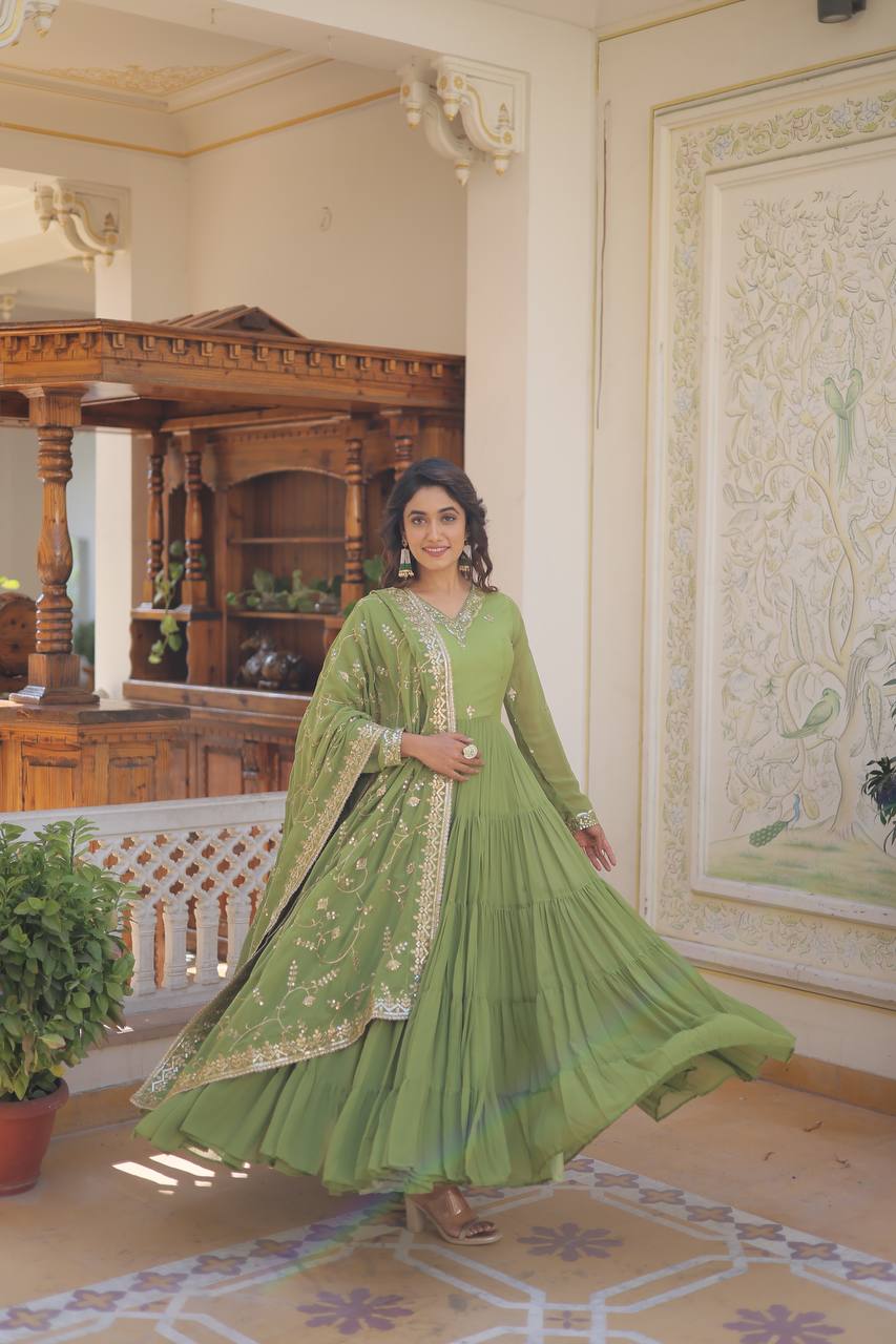 DESIGNER FAUX GEORGETTE GOWN WITH EMBROIDERED DUPATTA – 5 LAYER FRILL STITCHING