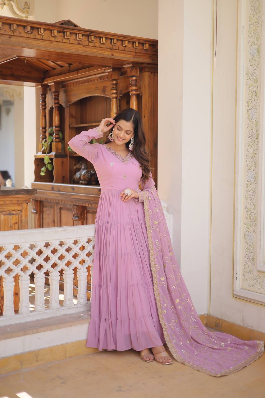 DESIGNER FAUX GEORGETTE GOWN WITH EMBROIDERED DUPATTA – 5 LAYER FRILL STITCHING