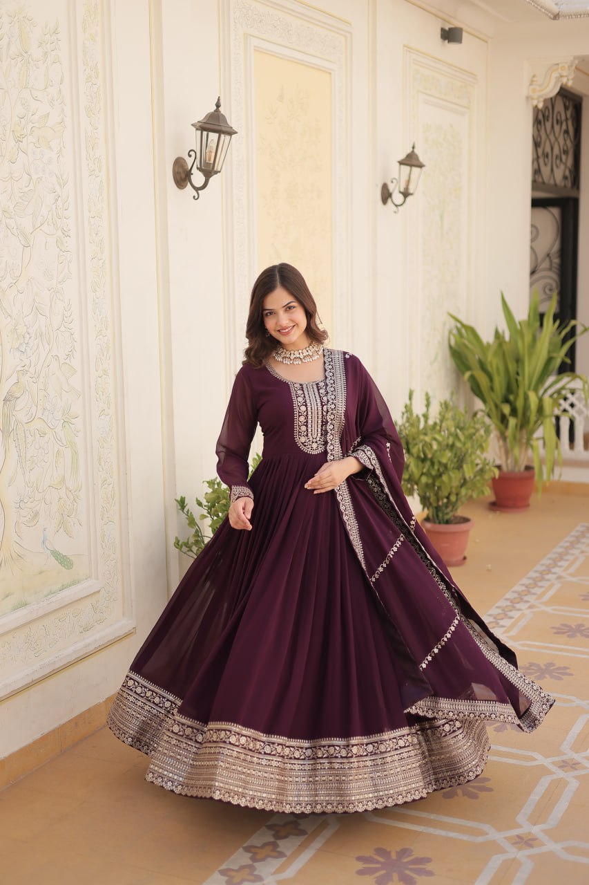 DESIGNER FAUX BLOOMING GOWN WITH SEQUINS EMBROIDERY AND ARCO-CUT DUPATTA