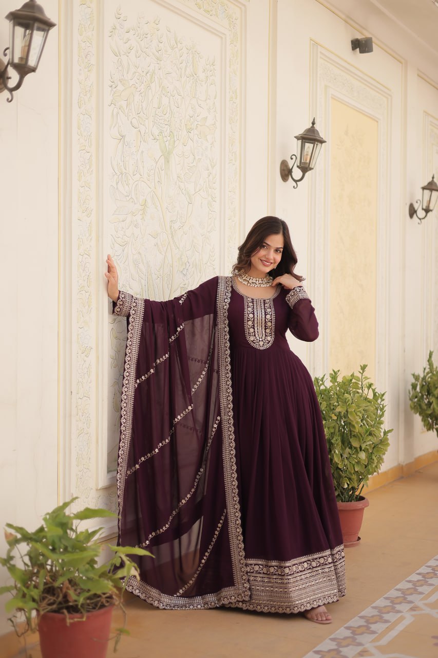 DESIGNER FAUX BLOOMING GOWN WITH SEQUINS EMBROIDERY AND ARCO-CUT DUPATTA