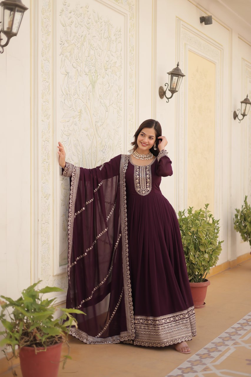 DESIGNER FAUX BLOOMING GOWN WITH SEQUINS EMBROIDERY AND ARCO-CUT DUPATTA