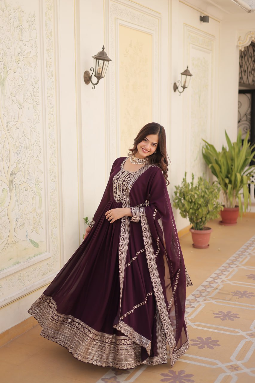 DESIGNER FAUX BLOOMING GOWN WITH SEQUINS EMBROIDERY AND ARCO-CUT DUPATTA