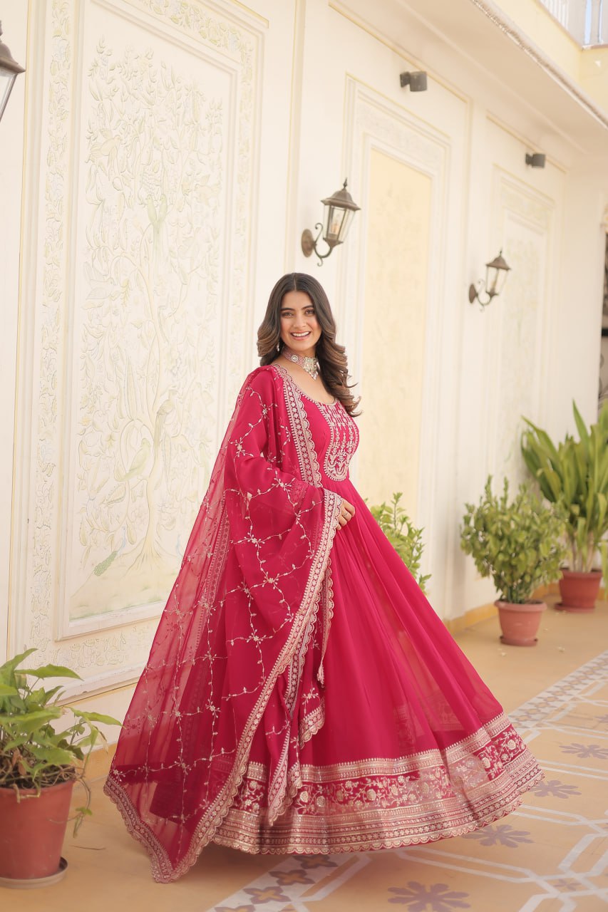DESIGNER FAUX BLOOMING GOWN WITH SEQUINS EMBROIDERY AND ARCO-CUT DUPATTA